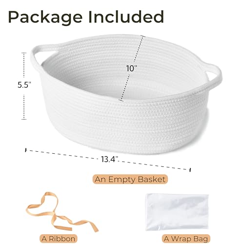 Image of Large Woven Gift Basket Empty with Bag & Ribbon, Storage Basket for Father's Day for Dad, Baby Shower, Raffle, Birthday, Cute Organizer with Handles,13.4 inchx10 inchx5.5 inch, White