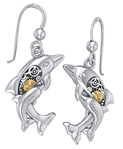Lange Delphin Ohrringe mit Baby mit 14 Karat Gold
