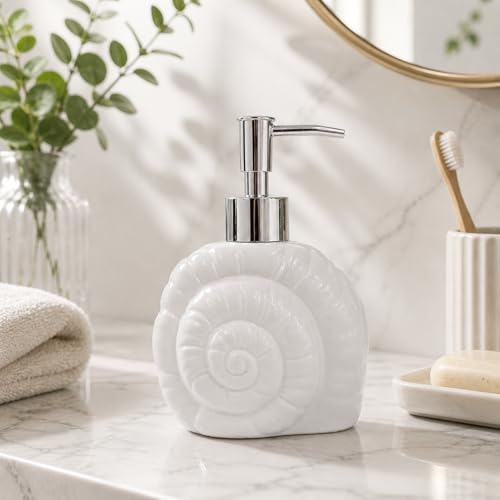 Image of Whizzo Ceramic Shell Shaped Liquid Soap Dispenser with Chrome Pump | Elegant Bathroom & Kitchen Accessory | White Glossy Finish | Refillable Handwash Lotion Bottle (420ML, LD-212, Design3)