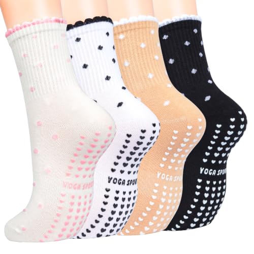 Image of Toes Home Pilates Socks for Women with Non Slip Grippers, Yoga Crew Socks for Barre Hospital Sticky Slipper Socks 4 Pairs