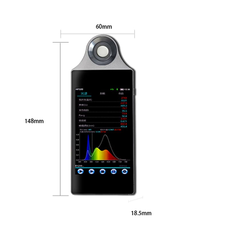 Diagram showing the dimensions of the YITRANIC HP330 spectrometer: 148mm length, 60mm width, 18.5mm thickness.