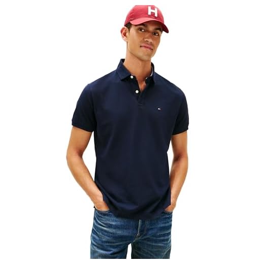 Tommy Hilfiger Camisa polo masculina de algodão de manga curta com ajuste regular, Azul-marinho clássico, M