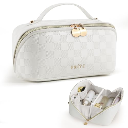 Prite Travel Cosmetic Bag Makeup Organizer Bag For Women Large Capacity Waterproof PU Leather Toiletry Bag with Handle and Clear Divider(Plaid White)