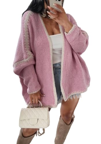 LKOUS Women's Oversized Cardigan Sweaters Fall Long Lantern Sleeve Open Front Knit Crochet Outwear Coat