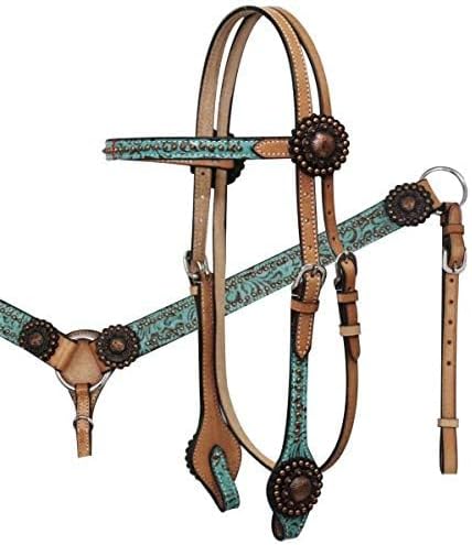 Showman Teal Filigree Headstall & Breast Collar Set w/Copper Rosette Conchos