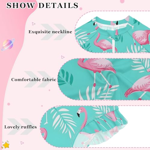 Flamingos Tropical Girls Long Sleeve Swimsuit Rash Guard One Piece Bathing Suits Zipper 3-12T4