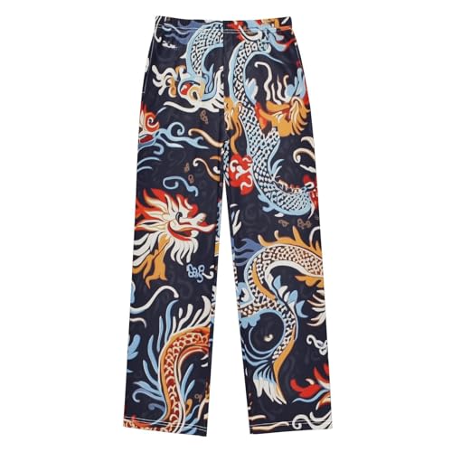 Traditional Chinese Dragon Boys Long Pants Soft Trousers Elastic Waist Kids Lounge Bottoms with Pockets S-XL