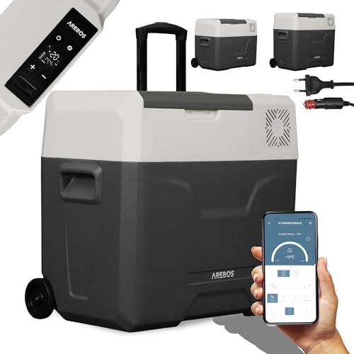 Arebos Kompressor Kühlbox mit Rollen | 39 Liter | bis -20°C | Gefrierbox | App-Steuerung, Mini Kühlschrank, Camping, Auto, Autokühlbox, Kühltasche, 230 V, Mobil, Tragbar, Warmhalte