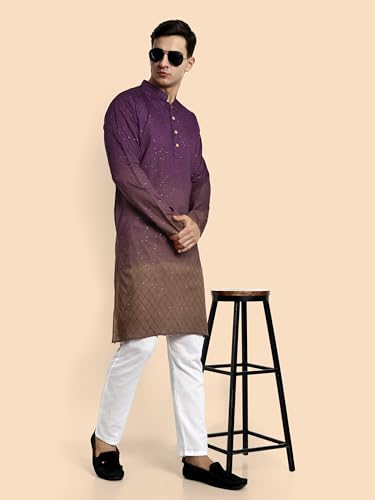 Image of Vardha Men's Cotton Chikankari Embroidered Kurta with Full Sleeves and Knee Length Design and Elegant Sequence Work | Kurta for Men