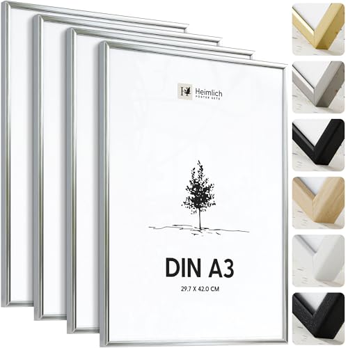 Heimlich®   Marco de Fotos   A3 30x42 cm, Aluminio Metal, Plata, Pack de 4   Marcos para Documentos Certificados Diplomas con Cubierta de Plástico   Exhibición de Pared