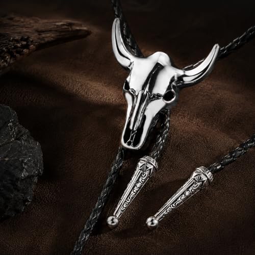 Image of Cowboy Bolo Tie for Men, Vintage Cow Skull Bolo Tie Necklace Native American Necktie for Men Women