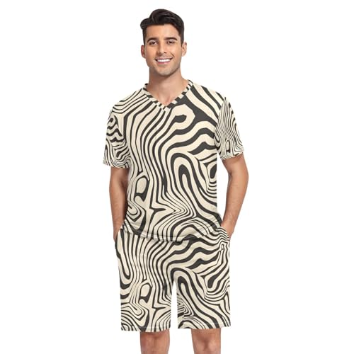 Men's Pajama Set Wave Line Zebra Short Sleeve with Shorts Pockets Sleepwear Set Summer Loungewear