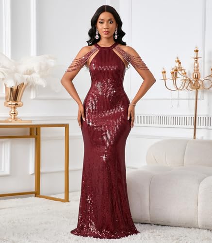 Image of Cololura Women Sexy Elegant Sequin Tassel Off Shoulder Halter Bodycon Maxi Dress Party Evening Gown Formal Dress