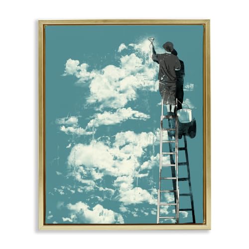 Surreal Painter on Ladder Clouds, 16 x 20 Inch Canvas in Floater Frame