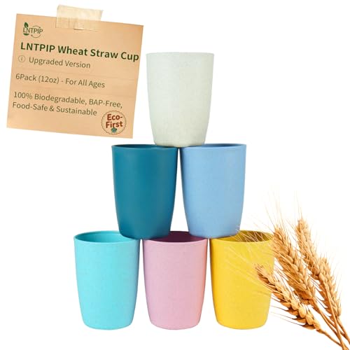 LNTPIP Wheat Straw Cups, 6 Pack, 12oz, Unbreakable Reusable BPA-Free Drinking Cups, Dishwasher Safe, Multicolor, Eco-Friendly Cups for Party Office Outdoor Home