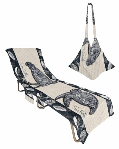 Sea Turtle Beach Lounge Chair Towel Cover, Soft Chaise Lounge Towel with Side Pockets Patio Pool Chairs Cover for Beach/Pool Sunbathing 29x85 Coastal Nautical Ocean Beach Fish Starfish