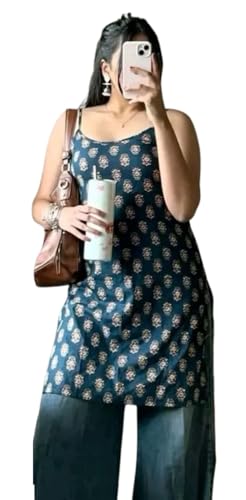 Image of Womens Rayon Sleeveless Round Neck Kurti Lightweight Ethnic Tunic for Summer Stylish Printed Kurta for Casual, Office