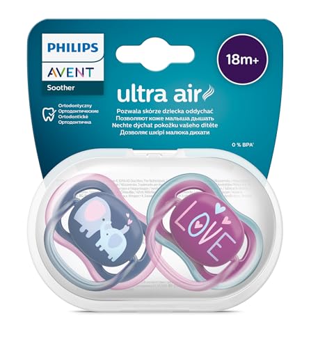 Ultra Air Emzik, 18 Ay+, Kız Bebekler için, 2'li Paket, Ortodontik Silikon, Geniş Hava Delikli, Mikrodalga Sterilize Edilebilir, Bpa İçermez, Taşıma Kutulu, SCF349/22