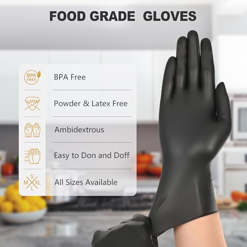 SWIFTLITE Black Vinyl Gloves, Food Grade Gloves Disposable Latex Free & Powder Free, Guantes for Cleaning Cooking Food Prep (100, Large)