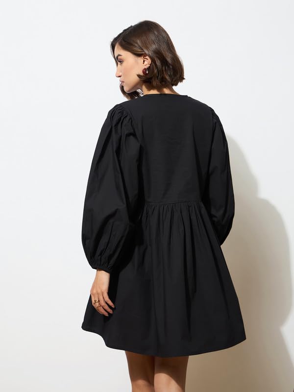 Image of barcino Black Poplin Puff Sleeves Gathered Loose Dress
