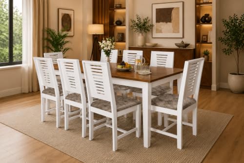 Image of Mango Wood 8 Seater Dining Table with Cushion Chair 8 Seater Wooden Dining Room Set Dinner Table Furniture for Living Room Home Restaurant (86x35x29.5 inch) White Finish