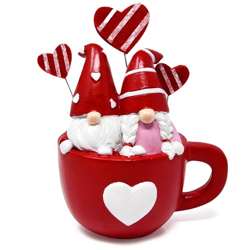 Gift Boutique Valentines Red Gnome Mr. & Mrs. in Coffee Cup Cute Valentine Gnomes Figurines Décor Resin Heart Themed Home Kitchen Table Decorations Gifts