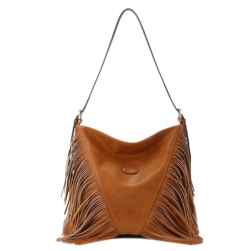 Sac à bandoulière vintage à franges pour femme en grand format marron