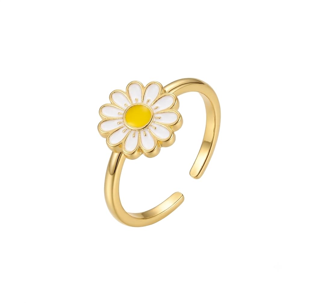Daisy Flower Ring, Gold-Tone Open Adjustable Band, White and Yellow Enamel Floral Design-image-38