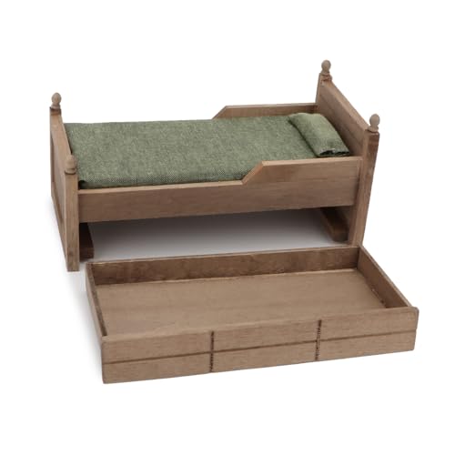 Dollhouse Miniature Bed with Drawer 1:12 Wooden Furniture European Bedroom Bedding Furniture Accessories with Pillow & Mattresses Vintage Floral Fabric Mini House Decoration (Brown)