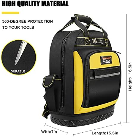 AIRAJ Tool Backpack 43 x 38 x 20 cm,Double Zip Tool Bag,Adjustable Backpack Shoulder Strap,Reinforced Hard Base,Professional Waterproof Tool Backpack for Electricians and Woodworking