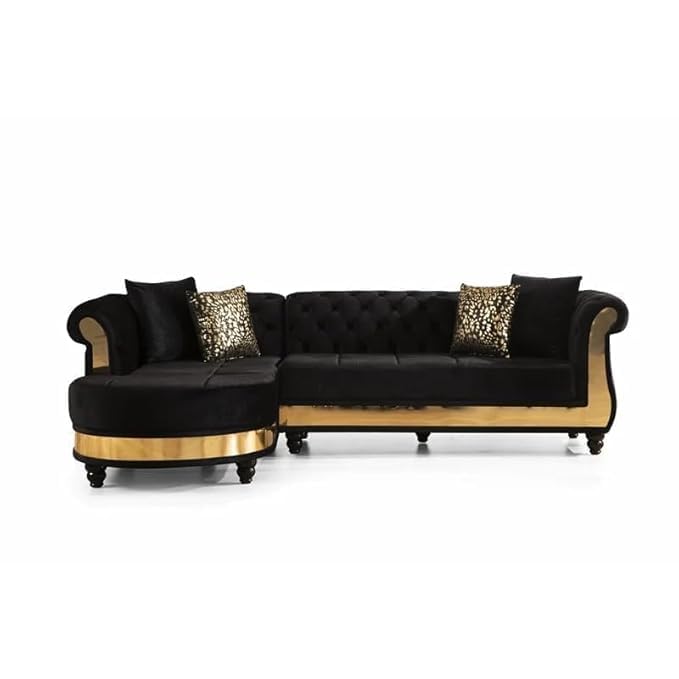 Image of Modern Classic L Shape Sectional Sofa Set, Chesterfield Style 4 Seater Sofa Set with Pillows for Living Room, Bedroom and Office, Office, and Hallway Colour (Black Gold)