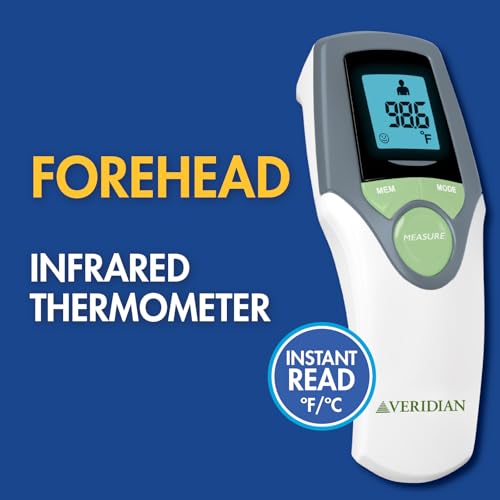 Image of Veridian Healthcare Infrared Thermometer | Forehead Measurements | 1-Second Readout | Hygienic Non-Contact | Whole Family Care | 3-Year Warranty