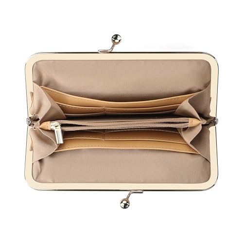 Women's RFID Clutch Wallet, Signature Coated Canvas & Vegetable-Tanned Cowhide Leather Kiss Lock Purse, Multi-Card Holder 5468 (Coffee)4