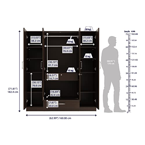 Image of Wakefit Wardrobe | 1 Year Warranty | Engineered Wood Almirah, Cupboard for Clothes Storage | 4 Door, 2 Drawers, 1 Hanging Space | Gingham - Wenge