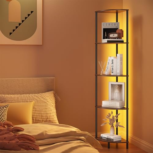 Image of SUNMORY 5 Tier Corner Shelf with LED Light, Industrial 65 inch Corner Shelves | Wall Corner Bookshelf, Display Shelf for Living Room Decor, Multi Unit Organizer, Tall Shelf Plant Stand for Bedroom Bathroom