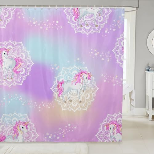 Rainbow Unicorn Bathroom Shower Curtain Sets For Girls, Pink Girly Glitter Bath Curtain 72" W X 72" L Sparkle Galaxy Twinkle Shower Curtain, Boho Rainbow Mandala Flower Waterproof Bathroom C