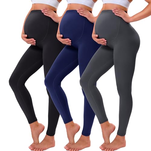 VALANDY Creamlush Legging de maternité taille haute réglable avec soutien du ventre doux et doux, Lot de 3 - noir/bleu marine/gris foncé, L