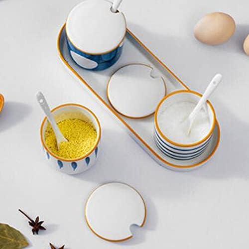 Spice boxs Ceramic Condiment Jar Spice Container, with Lid and Porcelain Spoon,.(Set of 3) Can for Storage Home,Kitchen,Counter