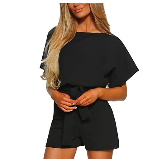 FeelinGirl Mujer Monos Cortos de Manga Corta Sólido con Lazo Botón Elegante para Verano Negro L