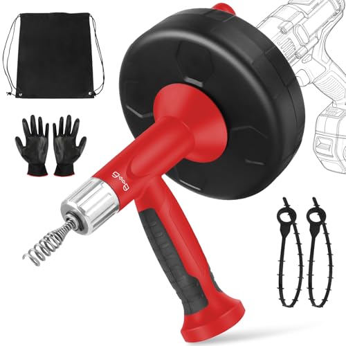 XJX Drain Auger Plumbing Snake with Drill Adapter 25FT Flexible Steel Drain Clog Remover Manual or Powered for Kitchen Bathroom & Shower Sink with Gloves and Storage Bag Red