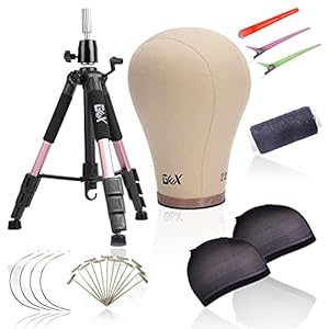 GEX 22″ Canvas Cork Wig Head with 55″ Mannequin Tripod For Wig Making Cosmetology Hairdressing Display Training Doll Head Adjustable Alloy Stand