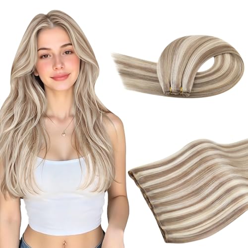 Image of Ugeat Weft Hair Extensions Human Hair, Sew in Hair Extensions 18 Inch 100g, Hair Weft Extensions Light Brown Highlights Platinum Blonde, Softness