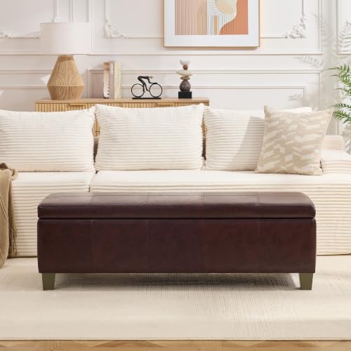 Image of 51 Inch Storage Ottoman, Storage Bench with Safety Hinge, Upholstered Synthetic Leather Ottoman Bench for Bedroom, Living Room, Entryway, Hallway, Foot Rest, Support 500lbs