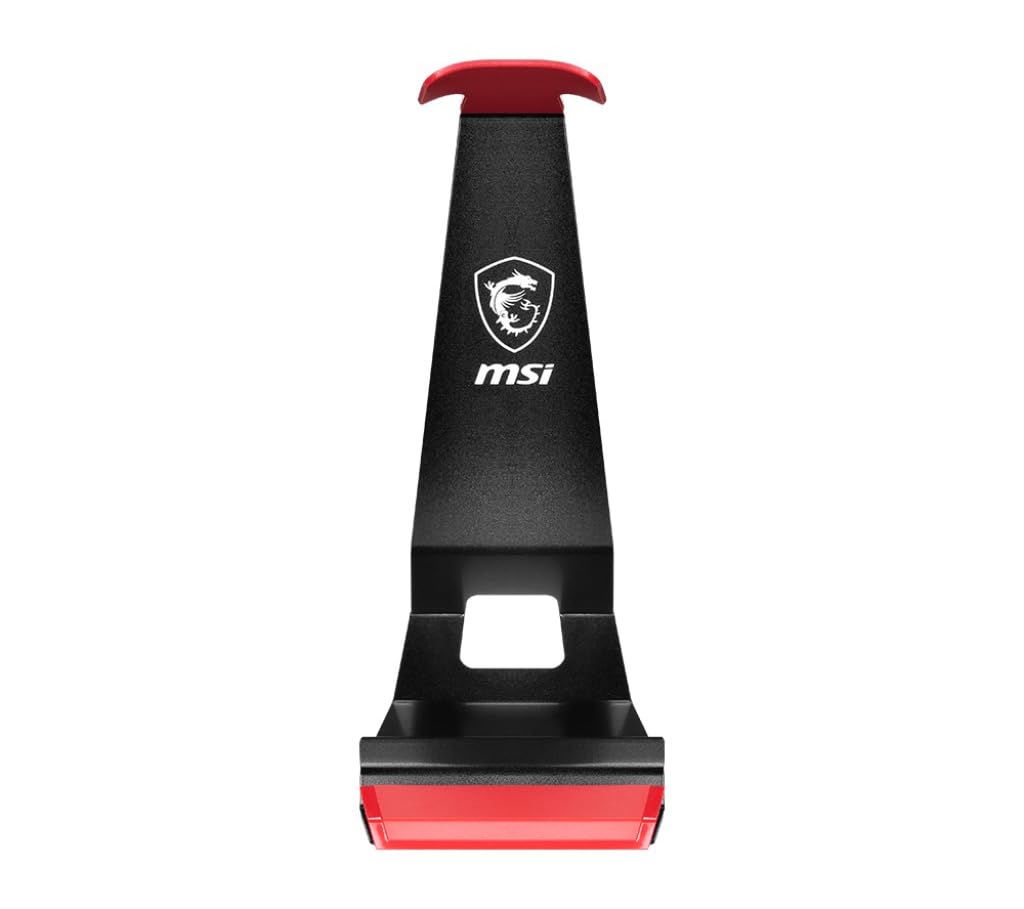 msi HS01 - Supporto per cuffie da gaming, gestione intelligente dei cavi, design solido in metallo, base antiscivolo, supporto per cellulare integrato, Nero e Rosso