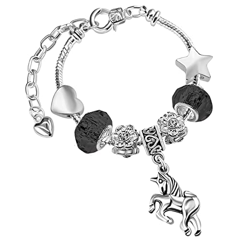 Girls Magical Unicorn Sparkly Black Crystal Adjustable Charm Bracelet with Gift Box Birthday Gifts for Girls