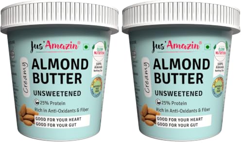 Image of Jus' Amazin Creamy Almond Butter - Unsweetened (1 Kg Tub) | 25% Protein | Only Whole Almonds (100% Pure) | Zero Additives | Keto | Plant Based Nutrition | Clean Nutrition (Pack of 2)