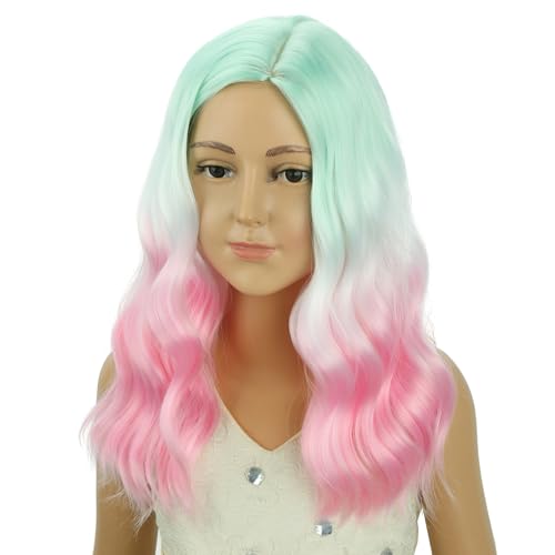 Image of PATTNIUM Rainbow Short Curly Wavy Wigs for Kids Girls Green White Pink Ombre Heat Resistant Synthetic Wig Halloween Cosplay Costume Party Wigs