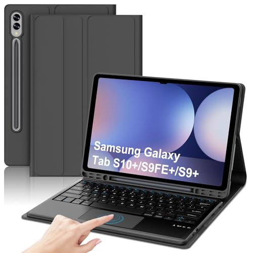 WAVATA Funda con Teclado para Samsung Galaxy Tab S10 Plus 12.4-Inch, Teclado Español Ñ para Samsung Galaxy S10 Plus, Teclado Trackpad Bluetooth Desmontable para Tab S10+/S9FE+/S9+, Negro