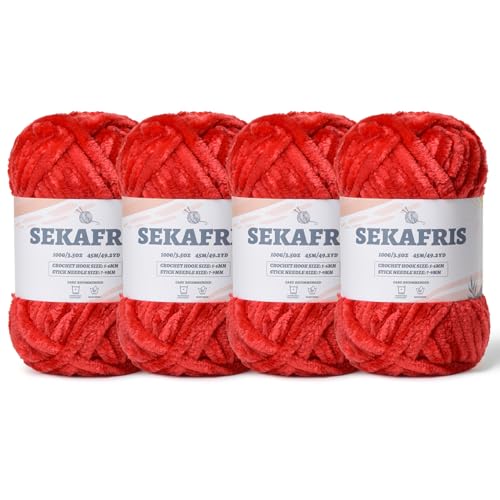 Image of Chenille Velvet Soft Yarn Red 4 Pack | 400g /196.8yds Fuzzy Chunky Chenille Yarn for Crocheting Plush Yarn for Hand Knitting Amigurumi Fluffy Yarn
