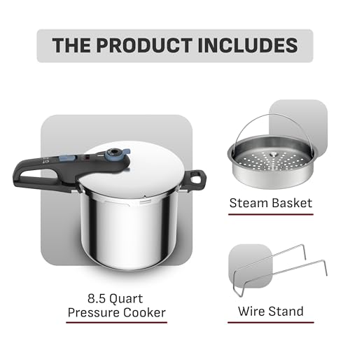 Image of T-Fal Secure Trendy Stainless Steel Pressure Cooker, 8.5 Quart, Steam Basket, Induction, Secure Locking System, Easy and Safe Opening, Compatible with All Cooktops, Dishwasher Safe, Silver